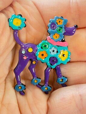 Poodle Dog Brooch Colorful Mosaic Style Glossy Enamel Purple Floral Pin 1.85 in